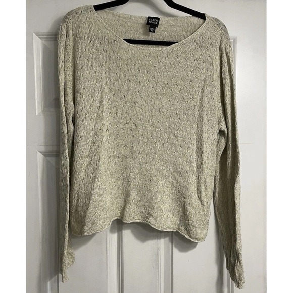 Eileen Fisher Open Knit Linen Top Size XL Boat Neck Beach Coastal Boxy - Picture 1 of 9
